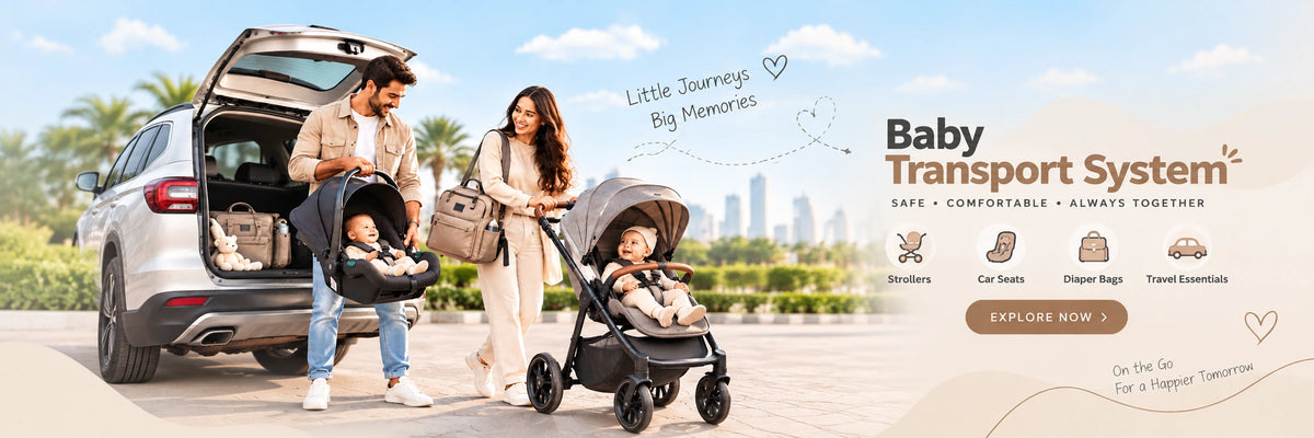 A family with two children uses the Baby Transport System in an outdoor setting next to an open SUV trunk. The system includes a stroller and a car seat with a matching bag, shown alongside marketing text and features on a bright, sunny day.