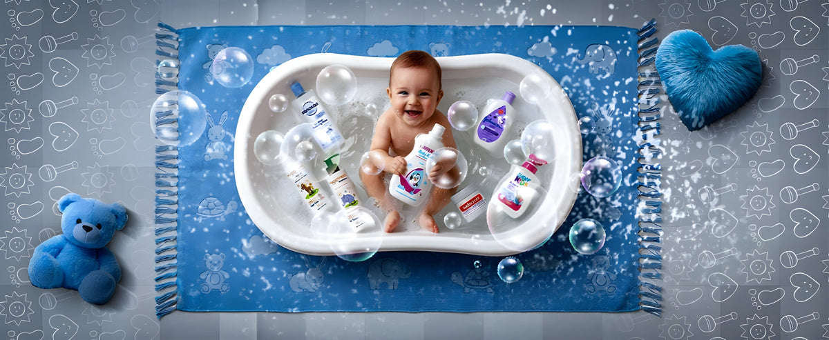Baby in a bathtub with bath products and toys on a blue mat