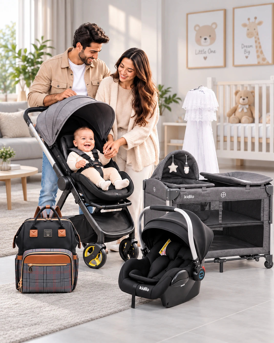 A family scene in a bright nursery showing a stroller, infant car seat, diaper bag, and changing tray set up together. A man and woman are standing behind the stroller with a baby seated inside, and the products are arranged on a light floor in a styled home setting.