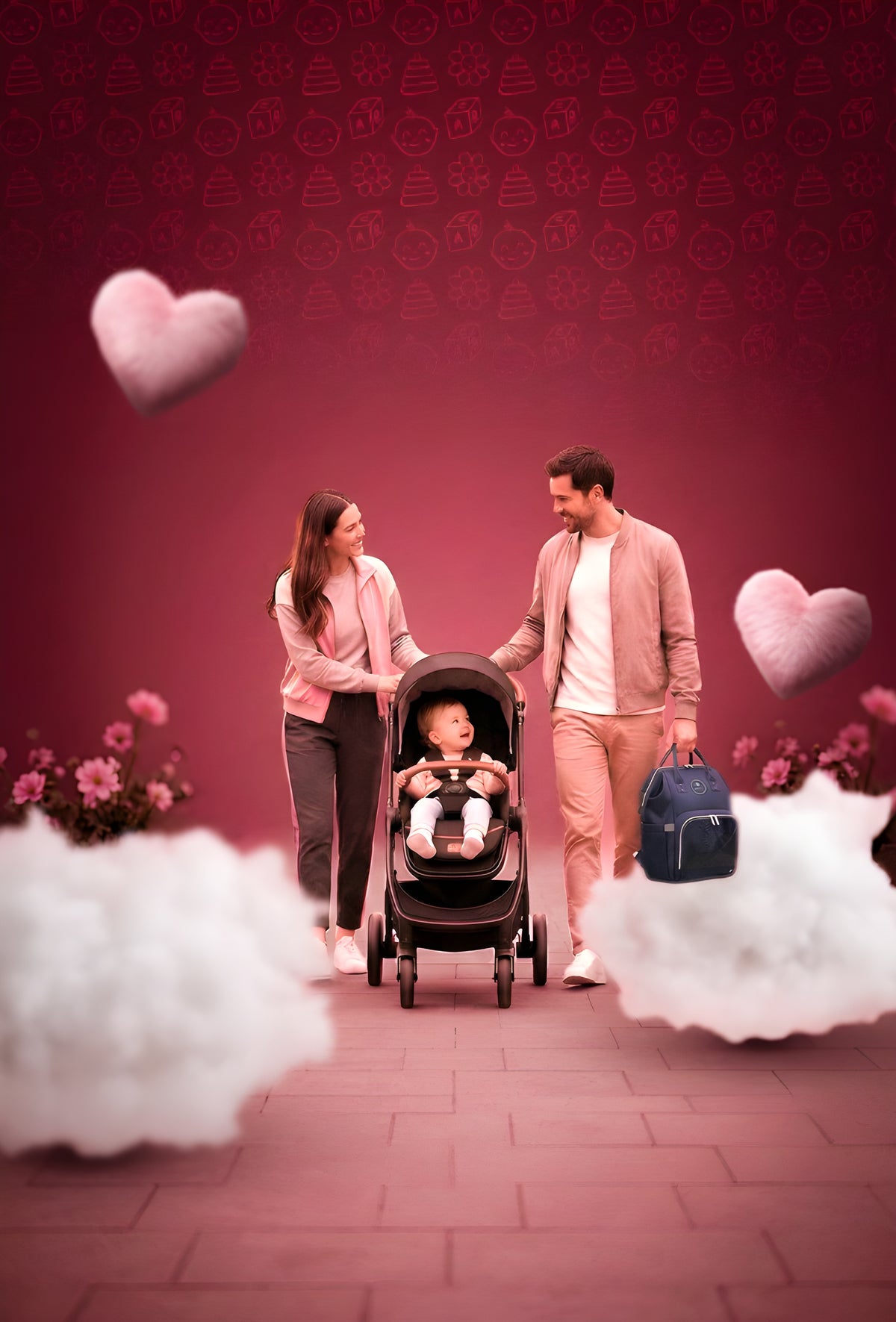 Family with a baby in a stroller against a pink background with hearts and flowers.