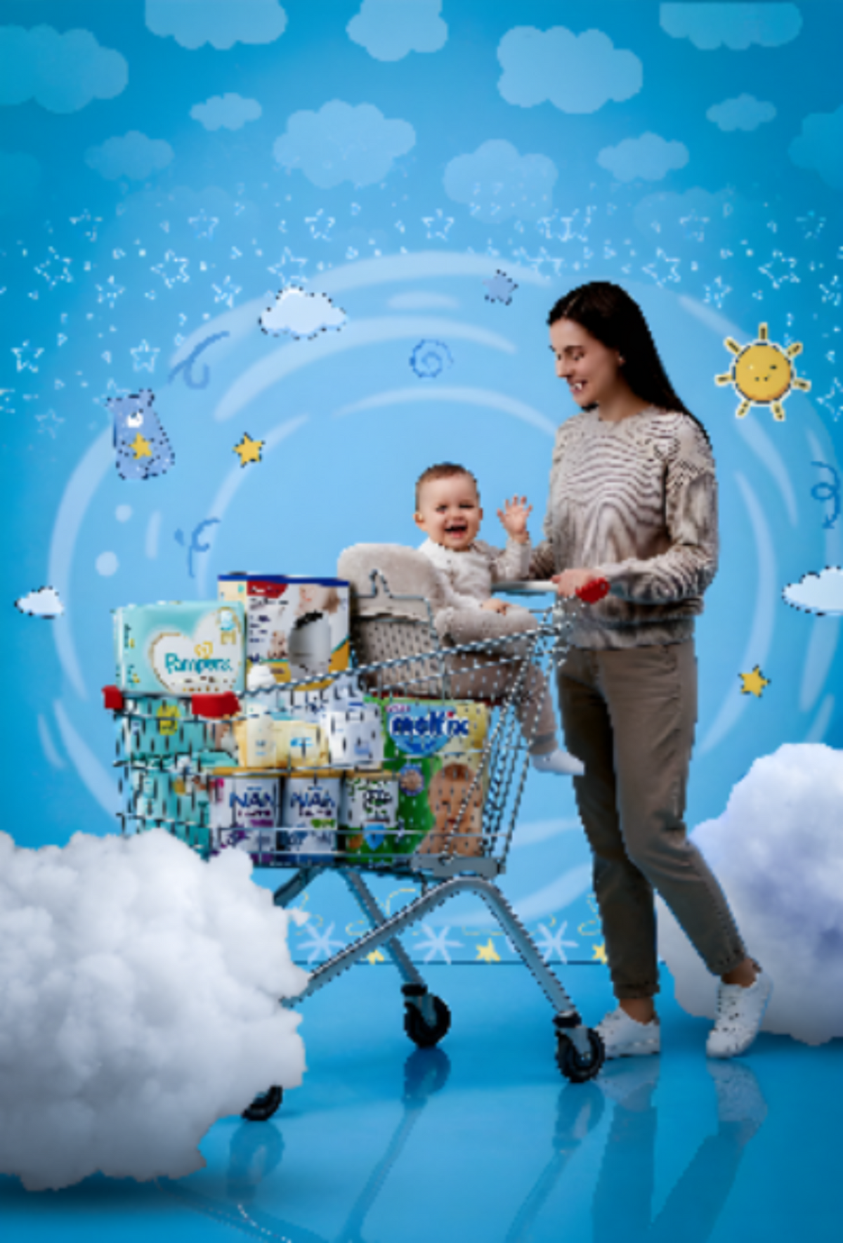 Woman pushing a shopping cart full of baby products against a blue background with clouds and stars.