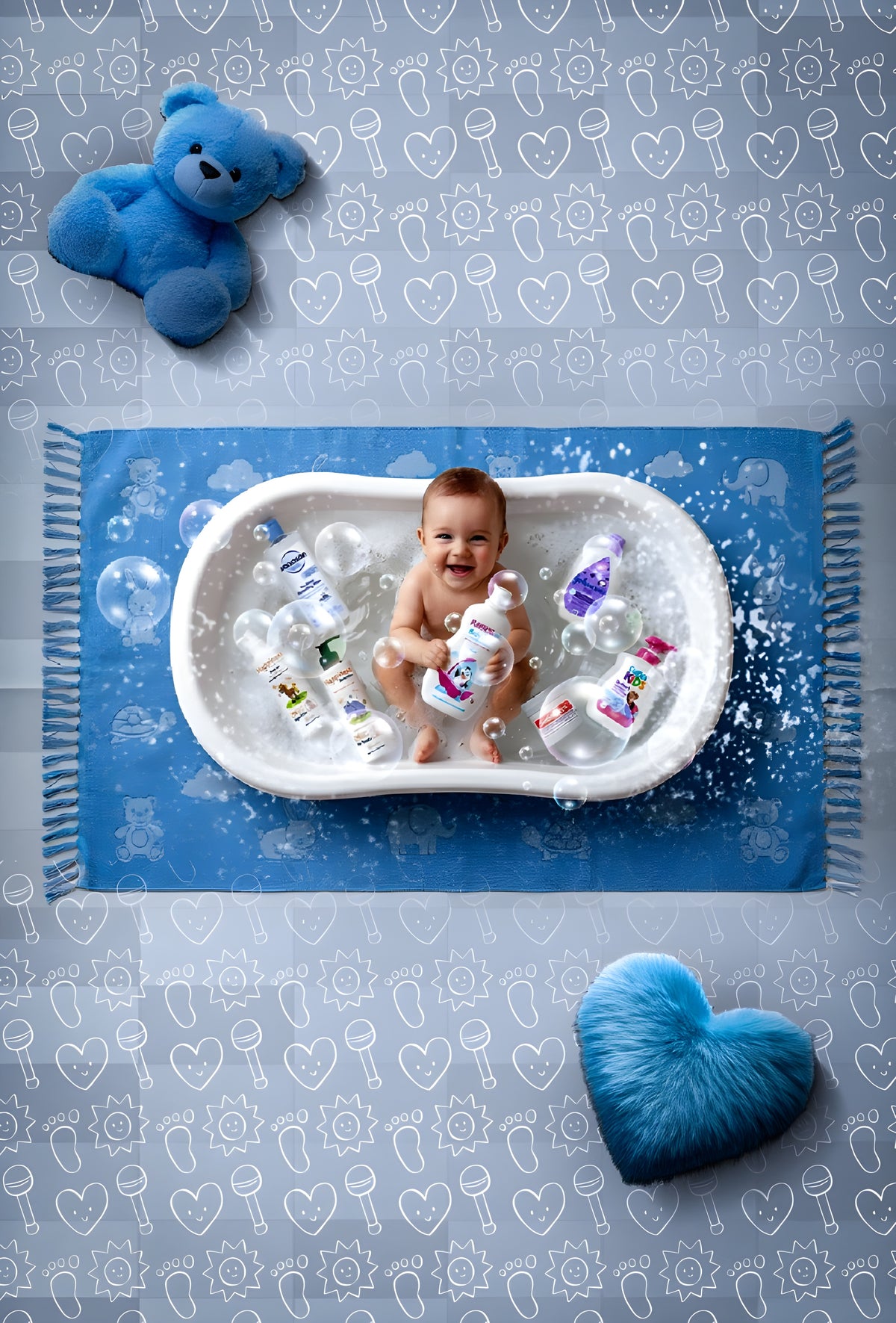 Baby in a bathtub with baby products on a blue and white patterned blanket.